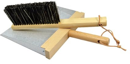 Holz Handfeger und Schaufel - Handfeger mit einem Lederschnur aus echtem Leder - Kehrblech und Handfeger aus Verzinktem Stahl - Kehrschaufel Metall mit Mischung aus Rosshaar und Kunsthaar