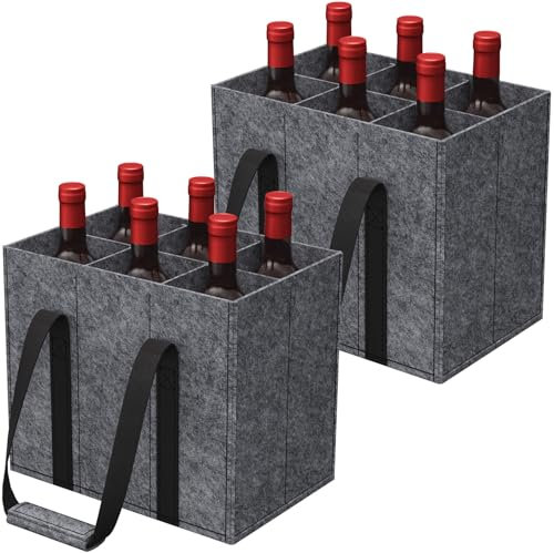 Lifewit Flaschentasche 6 Flaschen, Stabil Filz Flaschenträger mit Griff, Faltbare Flaschenkorb Wohnmobil für Wein, Getränke, Weinflaschen, Bottle, Grau, 30 x 20 x 26cm, 2 Stück