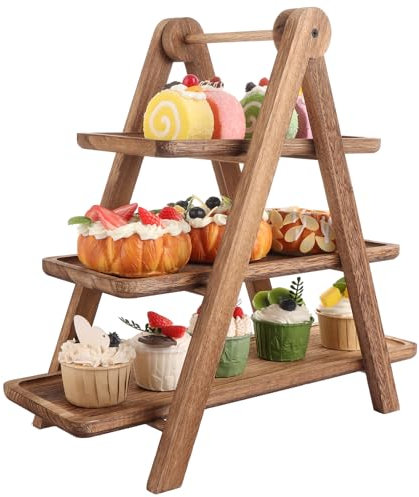WOPPLXY Wooden 3 Tier Serving Tray, Rustic Foldable Tiered Cupcake Stand, Decorative Wood Serving Platter Tray for Wedding, Birthday, Party, Picnic