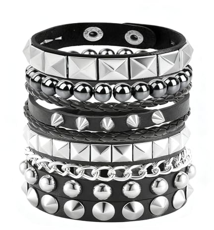 Tosmifairy 4Pcs/Set Fashion Street Hip Hop Leather Studded Cuff Bracelets Multiple Wristbands Bangle Emo Acceossries for 80s Punk Rock Concert Outfit (Solid Studded + Spiked)
