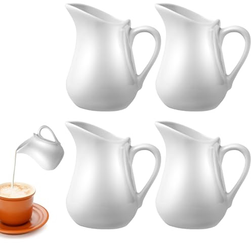 4 bricco per latte in porcellana, piccolo 80 ml, in porcellana bianca, con manico, mini bricco per latte, salsa, caffè, salse, cucina, bar, caffè, bianco