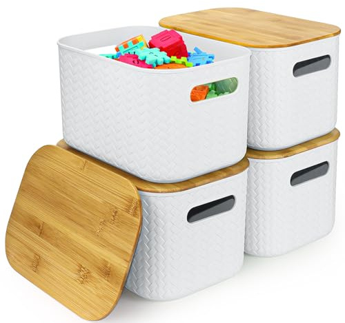 RWFMO 4 Pcs Plastic Storage Baskets with Bamboo Lid, Wicker Style Plastic Storage Boxes with Handle, Organiser Baskets with Lid, Multi-Colour Organiser Bins for Kitchen Bathroom Home Office (White)