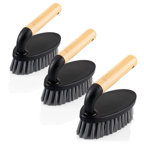 com-four® 3x rengöringsborste med bambuhandtag, slitstarka handborstar för hem och kök, plastborst för noggrann rengöring av skor och ytor (3x handborste)
