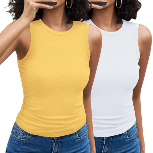 Aottori Pack 2 Camiseta de Tirantes Mujer Acanalado Elástico Cuello Redondo | Corte Ajustado, Estilo Casual, para Verano, Acabado Liso, para Uso Casual, para Primavera Verano