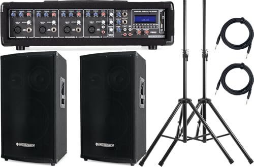 Pronomic PM42-Party StagePower Set: Potente Set para Fiestas con Mezclador Compacto de 4 Canales con MP3, 2 Cajas de 12 600W, 2 Soportes de Acero y Cable para Altavoces.