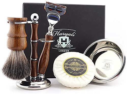 Haryali London Herrenrasierset aus Holz mit 5 Klingen, Rasiermesser, Rasierpinsel aus synthetischem Dachshaar, Ständer, Seife und Schale