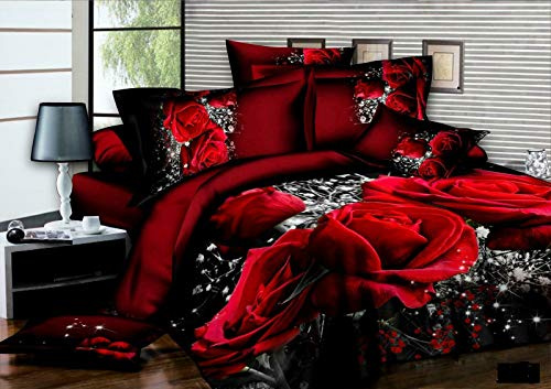 THL Set completo di biancheria da letto, 4 pezzi, design 3D, stampa floreale, copripiumino e lenzuolo con angoli e federe (rose rosse e nere 242, king size)