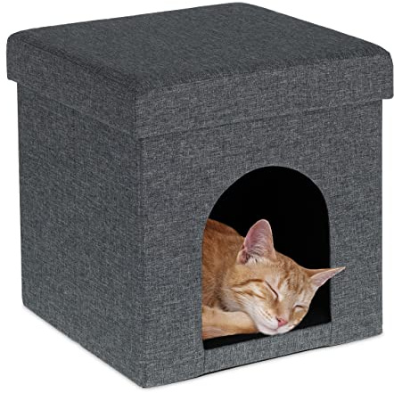 Relaxdays Cama Cueva para Gatos con Taburete, Escondite con Cojín Gatitos, Perros Cachorros, 38,5 x 37 x 37 cm, Gris
