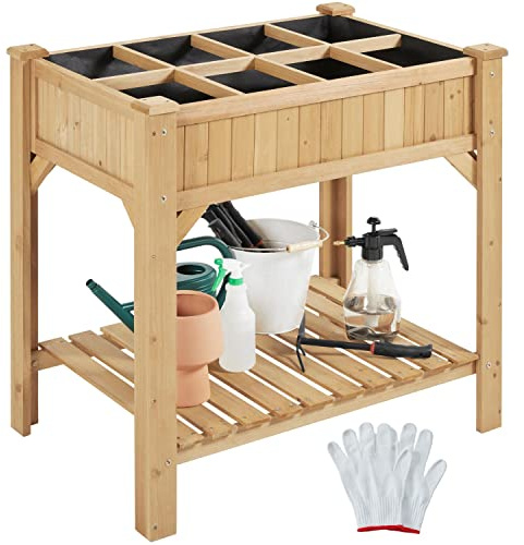 Yaheetech Aiuola/Orto Rialzato da Esterno Balcone a 8 Scompati Fioriera Alta in Legno Naturale Lettino per Piante Urbano Giardino con Ripiano e Griglia 91,5 x 62 x 92,5 cm