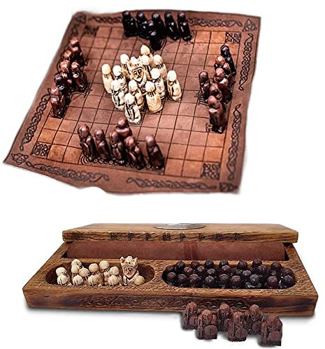 CHEYLIZI Mittelalterliches Schach-Set – Wikingerschach-Set, Holz Wikinger Schachfiguren Hnefatafl Wikinger Schach Set für Erwachsene/Kinder, Schachbrett: 22 x 22 cm, Braun