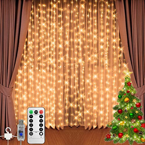 Jsdoin Vorhanglicht 3m x 3m 300LED Licht mit 8-Mode Fernbedienung Timer einstellbare Helligkeit, Schlafzimmer, Garten, Party, Hochzeit, Vorhang Elfen Licht (warm weiß)