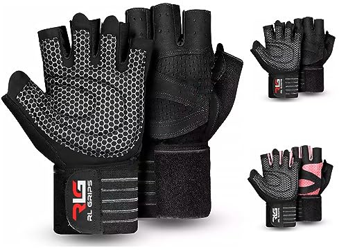 RL Grips® Guantes Gimnasio para Levantamiento de Pesas, Crossfit, Musculación con Muñequera y Grip de Silicona Antideslizante - Guantes Fitness para Hombre y Mujer con Muñequera (S, Negro)