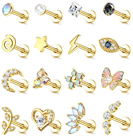 Adramata 16 Pcs 16G Helix Piercings Chirurgenstahl Ohrringe Piercing Schmetterling Blume Conch Piercing Ohrringe Ohrstecker Knorpel Ohrringe Set Silber Gold Helix Tragus Piercing Ohr für Damen