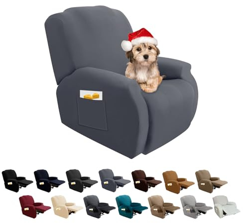 FIGOOO Bezug für Relaxsessel, 1-Sitzer, dehnbar, 4-teilig, Bezug für Sessel, neigbar, mit Seitentasche, Universal, waschbar, Grau