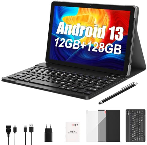 XGODY 10 Zoll Android 14 Tablet mit Tastatur 2,4G/5G WLAN 2,0 GHz | 12 GB RAM + 128 GB ROM (TF 1 TB) | FHD | 5+13 MP Kamera | 7000 mAh | Bluetooth 5.0,Tablet PC – Schwarz