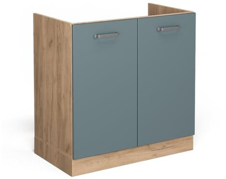 Vicco Spülenunterschrank R-Line, Blau-Grau/Goldkraft Eiche, 80 cm ohne Arbeitsplatte