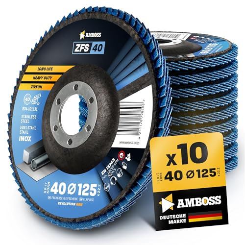10x Fächerscheibe Ø125mm K40 für Stahl/Edelstahl - Polieren Entroster Kehlnaht schleifen - AMBOSS Werkzeuge ZFS Lamellenschleifscheibe blau Winkelschleifer - Profi Zirkon Schleifmop