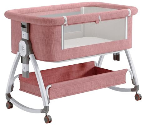 GLOKID 3in1 Baby Beistellbett Reisebett, Babybetten, Mit Rollen, Sechs Ebenen Stufen Höhenverstellung, Wiege, Höhenverstellug und Einstellung der Neigung der Matratze (Rosa)