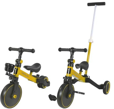 Lemodo Dreirad gelb mit Schiebestange – Laufrad, Lauflern-Dreirad höhenverstellbar für Kleinkinder 1-5 Jahre, mitwachsendes Kinderfahrzeug, Kleinkind-Fahrrad aus Metall, stabil, belastbar bis 60 kg