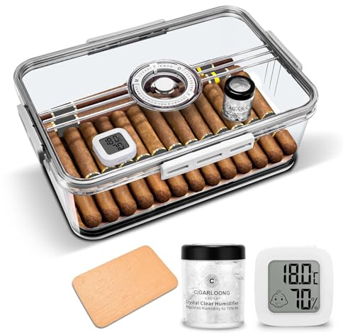Cave à cigares pouvant contenir 50 à 60 pièces, étagère en Bois de cèdre intégrée avec hygromètre de Haute précision et humidificateur Boîte en Acrylique Transparente, cigares Non Inclus(Milieu)