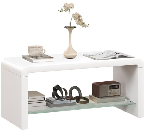 HOMCOM High Gloss Coffee Table with Storage, Two-Tier Living Room Table with Glass Shelf, Modern Centre for Home Office, 100 x 45 x 45cm, High Gloss White