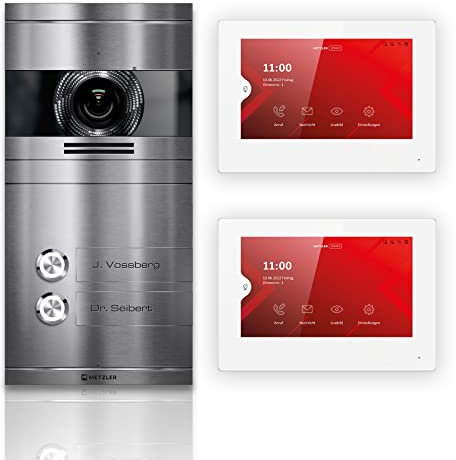 Metzler VDM10 2.0 Video Sprechanlage Komplett Set mit Laser Gravur Namensschild - Anschluss 2-Draht - Türsprechanlage mit HD-Kamera und Bildschirm für 2 Familienhaus, aus rostfreiem V2A Edelstahl