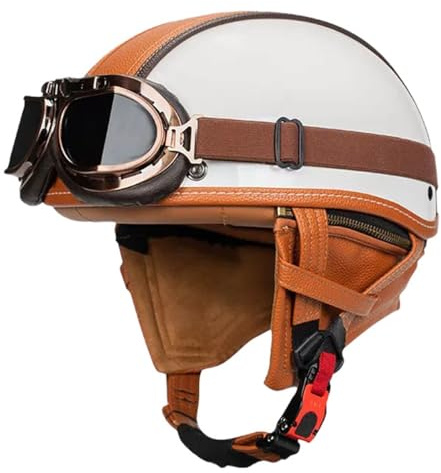 Vintage Motorradhelm Open Face Leder-Helm Winddichter Motorrad Roller Helm Mit Brille Jethelm Straßenhelm Für Damen Und Herren ECEDOT Zertifizierung Halbschalenhelm 1,XXL:63-64CM