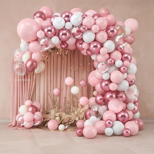 Pink balloon arch kit 144 pcs - Macaron pink, White & Metal pink Garland| metallic, confetti & latex balloons (18 12 10 5) with knot tool & chain | baby shower, girls birthday party decor.