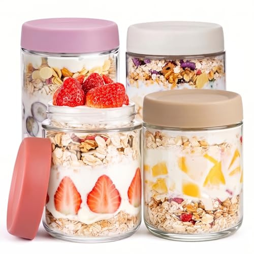 Thyme Space Overnight Oats Jars, 4 pack 500ml/16 oz Overnight Oatmeal Container with Lid for Homemade Yogurt Oatmeal Salad Jam Pudding