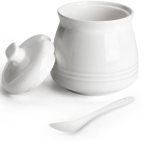 Cyimi Porcelain Sugar Bowl with Lid and Spoon, Sugar Bowl White Sugar Jar Ceramic Sugar Pot Container for Kitchen and Home, 12 oz/ 355 ml