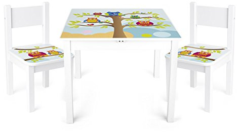 Leomark Barnmöbelset i Trä 60x60x49 cm med UV-tryck och 2 Stolar, Ugglor