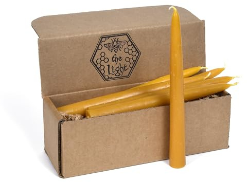 100% Pure Beeswax Taper Candles - All-Natural Handmade Decorative & Dipped Smokeless Unscented Candles for Christmas, Advent, and Hanukkah, Yellow, 8.5 Inches, 12 Candle Set, by BeeTheLight