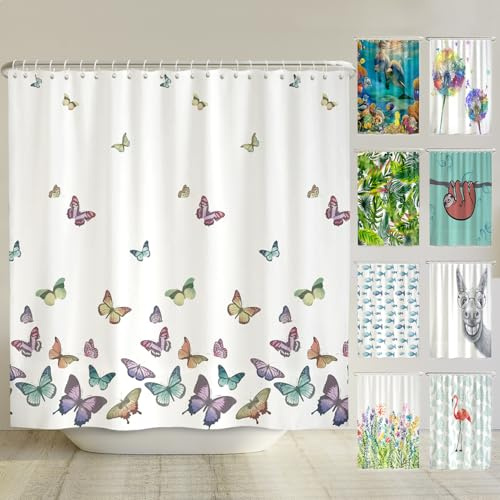 arteneur® - Schmetterlinge - Anti-Schimmel Duschvorhang 240x200 - Recycelt mit Öko-Tex Standard 100 - Beschwerter Saum, Blickdicht, Wasserdicht, Waschbar, 16 Ringe & E-Book