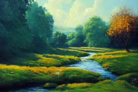 adrium Cuadro de madera de 60 x 40 cm: calma corriente que fluye entre prados de verano y árboles, pintura al óleo, bellas artes, paisajes de verano, naturaleza acuática (192976664)