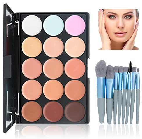 WishesMar Palette Correttori 15 Colori Concealer Crema Camouflage Make Up Palette con 8 Pezzi Pennello da Trucco Adatto per Uso Professionale e Quotidiano #A