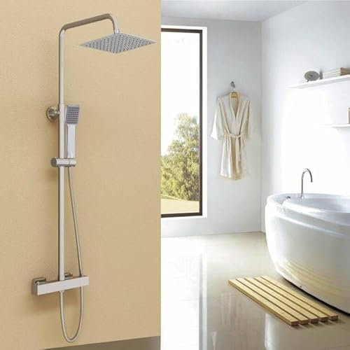 OCEAN ITALY Colonna Doccia Con Miscelatore Termostatico, Set Doccia con Soffione Quadrato in Acciaio INOX e Doccetta a Man Quadrata, Asta Saliscendi Doccia Regolabile, Antibruciore