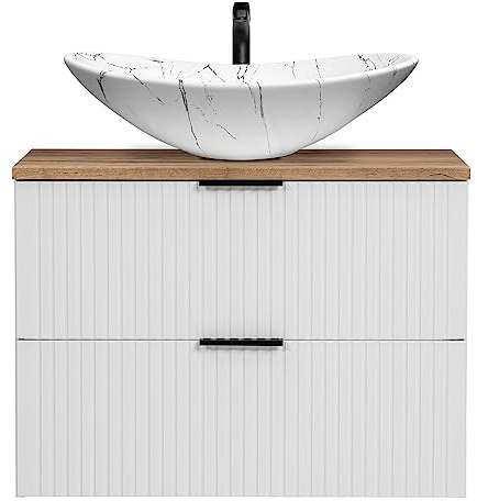 Lomadox Waschtisch 80cm mit Aufsatzbecken, weiß mit Eiche Nb., Front gerillt, Keramikwaschbecken weiß marmoriert