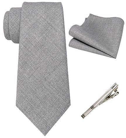 JEMYGINS Herren Retro Baumwollmischung Krawatte mit Einstecktuch und Krawattenklammer Set,Grau