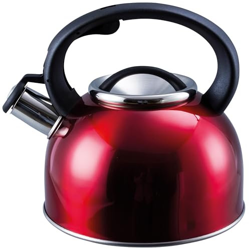 Stainless Steel Whistling Kettle 2.5L - Fast Boil Kettle Suitable for Gas Stove, Ceramic, Electric, Halogen - Lightweight Camping Kettle with Heat Resistant Handle (Red)