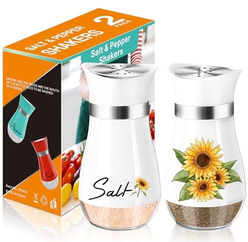Salt and Pepper Shakers Set - 120ml with Clear Glass Bottom Salt Pepper Shaker, with Stainless Steel Lid Salt Shaker, Refillable Spice Dispenser for Home Kitchen Cooking Camping BBQ - Sunflower