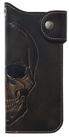 House of Jack Co. Cartera de calavera para hombre, cartera de cuero vacuno de grano completo, Negro, 3.75 x 7.6 x 1, Ojal largo plegable a presión