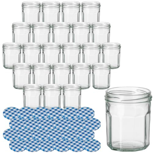gouveo Juego de 24 tarros de cristal de 200 ml con tapa de rosca, color azul a cuadros, con cierre Twist-Off (EGD200KB)