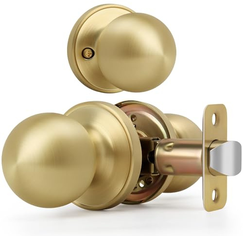 LOQRON Brushed Gold Ball Design Door Knob No Lock, Passage Round Shaped Non-Locking Doorknob for Hallway/Closet, Satin Brass Finish