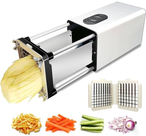Electric French Fry Cutter Machine,Electric Potato Chip Cutter Stainless Steel Potato Chipper with 1/2 Inch, 3/8 Inch 2 Blade,Commercial and Household,for Potatoes Carrots Cucumbers(Silver)