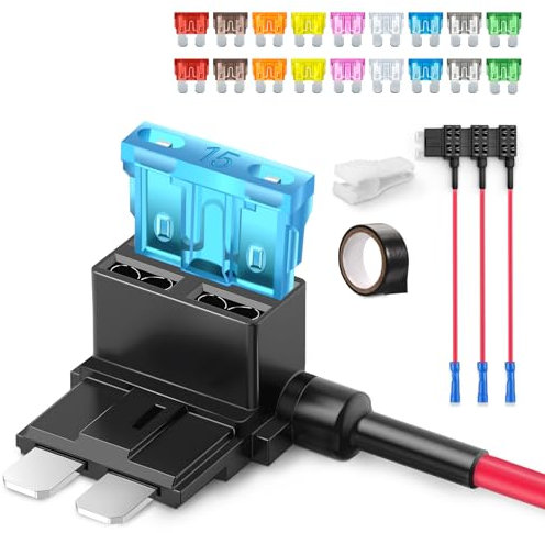 JOREST Standard Car Fuse Tap - 4pcs 16AWG Piggy Back Blade Adapter with 14Pcs Standard Automotive Fuses (2A-30A), Add a Circuit 12V Holder + Electrical Tape + Puller