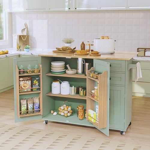 Kitchen Island on Wheels, Kitchen Trolley Storage Islands & Carts with Extendable Rubberwood Worktop, Green Rolling Kitchen Island Breakfast Bar with Drawers and Spice Rack
