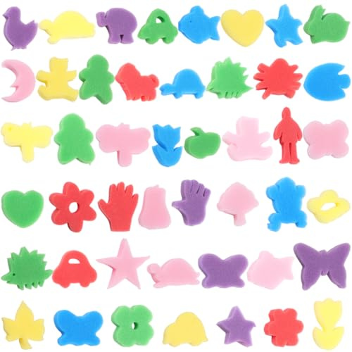 SOFPLATE 48 esponja para Pintar con Formas, Esponja para Pintar Manualidades, Coloridas, Animales, Plantas, Formas Mixtas, Kit de Sellos de Espuma para Manualidades, Modelos de Aprendizaje, Actividade