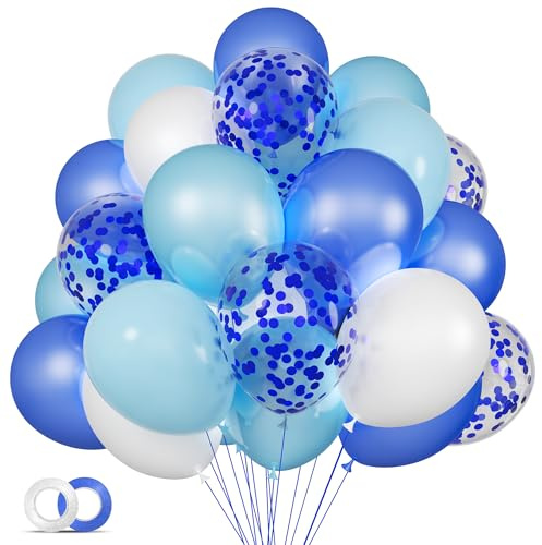 68Pcs Blue and White Balloons, Blue balloon 12 Inch Confetti Balloons, Pearl Blue White Party Ballons with Ribbons for Birthday, Wedding, Baby Shower, Graduation Decorations