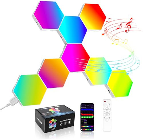 COLWINKU Hexagon Lights Gaming with Remote & App Control, 8 Pack RGB Led Hex Light Panels, Geometry Night Lamp DIY Hexagon Smart Wall Lights Sync to Music for Room Bar Decor Gaming Setup