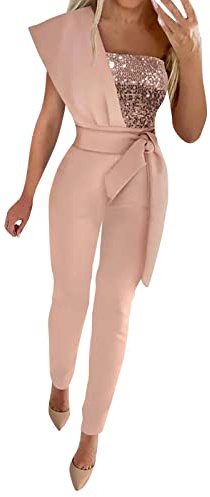 Jumpsuit damer glitter one shoulder lekdräkter paljetter topp glitter elegant party bodysuit sexig långärmad sheer festival party bodycon med stil med bälte för casual fest festival outfit, ROSA, S